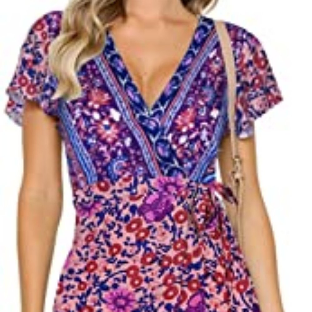 Bohemian Floral Printed Wrap V Neck Short Sleeve